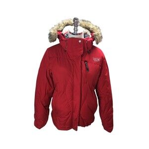 Mountain Hard Wear Winter Down Coat Women's Size Small Red Hooded Faux Fur